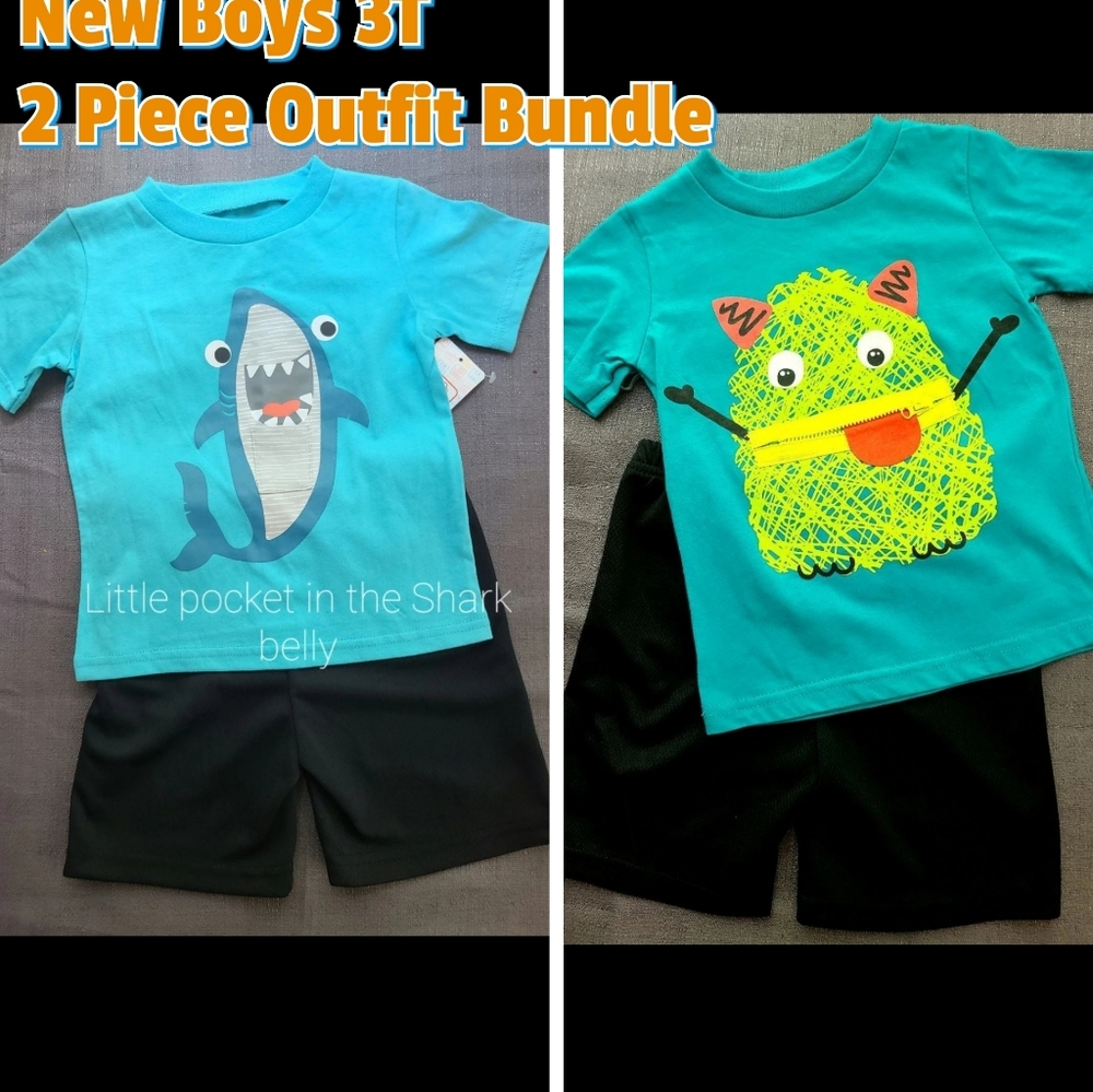 New 2 Outfits Boys 3T Shark/Monster Bundle